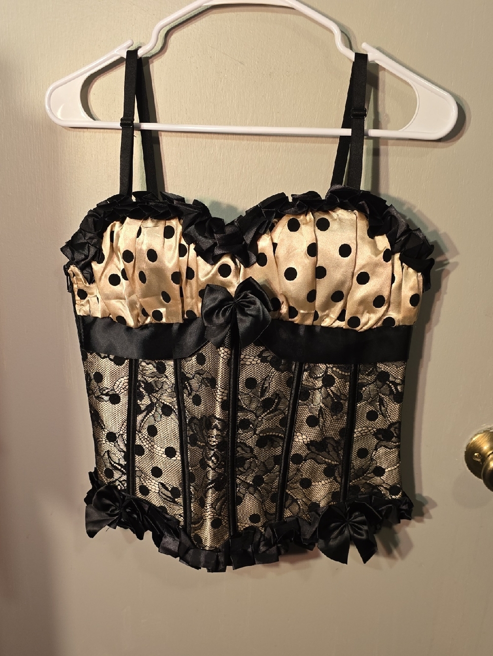 Polka Dot Satin & Lace Corset Top in Black and Cream